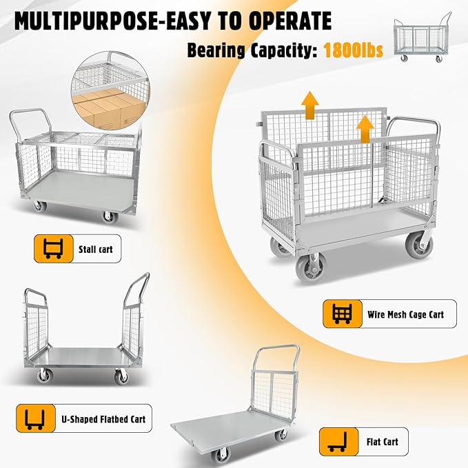 Platform Truck Cart with Cage, Multipurpose 6 in1 Foldable Flatbed Cart Heavy Duty Push Cart Dolly W/Swivel Wheels 2000lbs Capacity Utility Hand Cart for Grocery/Laundry/Stall/Storage