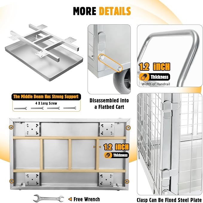 Platform Truck Cart with Cage, Multipurpose 6 in1 Foldable Flatbed Cart Heavy Duty Push Cart Dolly W/Swivel Wheels 2000lbs Capacity Utility Hand Cart for Grocery/Laundry/Stall/Storage