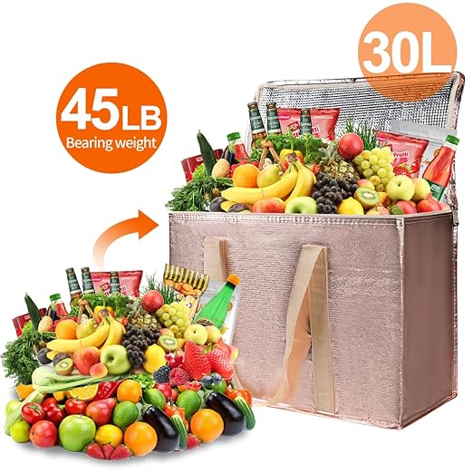 Bodaon 3-Pack Insulated Reusable Grocery Shopping Bag, X-Large Frozen Food Cold, Cooler Bags with Secure Top, Insulated Food/Pizza Delivery Bag, Gold