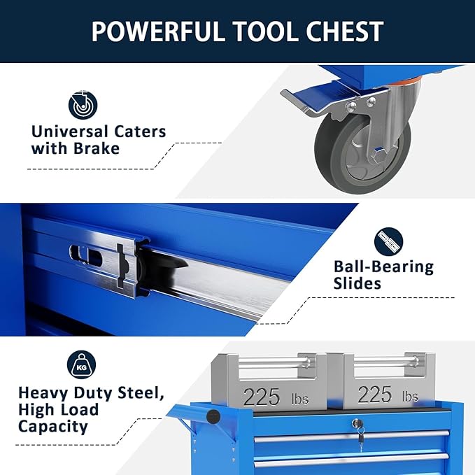 7-Drawer Metal Rolling Tool Chest with Wheels,Tool Storage Cabinet with Locking System，Toolbox with Wheels for Garage,Workshop, Repair Shop(Blue, 7-Drawer)
