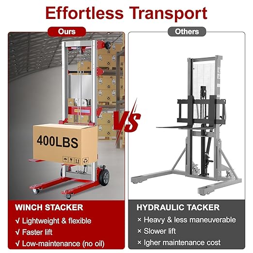 122" 400lbs Material Lift Winch Stacker with Upgrade Effortless Winch, Hand Winch Lift Truck with Fixed-Leg, Manual Material Lifter Pallet Stacker for Contractor, Workshop, Industrial, Red