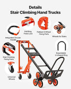 VEVOR 3 in 1 Industrial Convertible Stair Climbing Cart, 770 lbs Max Load, Folding Hand Truck Dolly with Handle & Wheels, Stair Climbing Utility Trolley for Transport & Moving, Orange & Silver