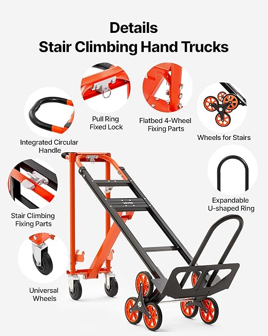 VEVOR 3 in 1 Industrial Convertible Stair Climbing Cart, 770 lbs Max Load, Folding Hand Truck Dolly with Handle & Wheels, Stair Climbing Utility Trolley for Transport & Moving, Orange & Silver