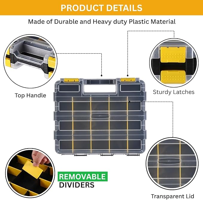 Andalus Tools Organizer Box, Small Parts Storage 34-Compartment Double-Sided Portable Hardware Organizer Removable Plastic Dividers for Screws, Nuts, Bolts, Nails – Yellow (1 Pack, 12.5" x 10.5" x 3")