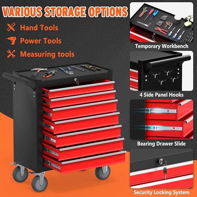 7 Drawers Rolling Tool Chest with Wheels, Metal Tool Box with Drawers, Large Capacity Tool Storage Cabinet with Keyed Locking, Tool Organizer Box for Garage, Workshop, Warehouse, Black Red