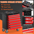 7 Drawers Rolling Tool Chest with Wheels, Metal Tool Box with Drawers, Large Capacity Tool Storage Cabinet with Keyed Locking, Tool Organizer Box for Garage, Workshop, Warehouse, Black Red