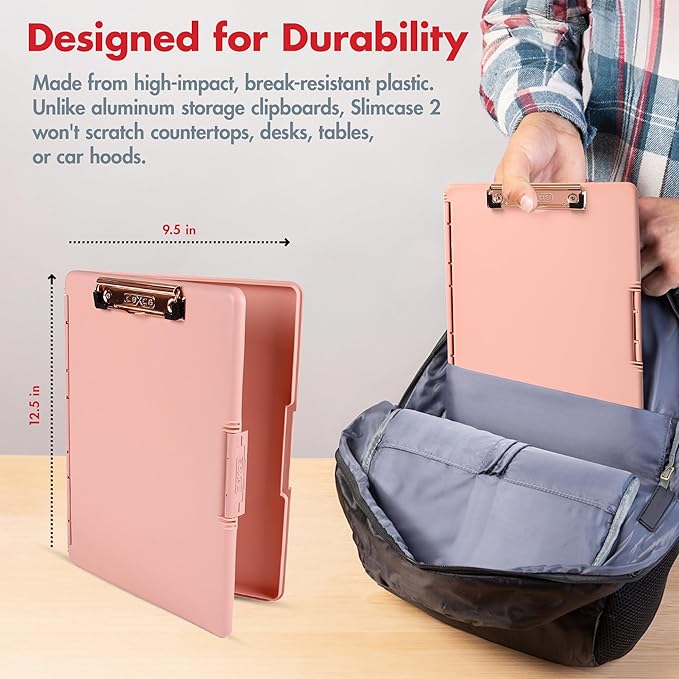 Dexas Slimcase 2 Plastic Clipboard with Storage and Side Opening, Blush Pink with Rose Gold Clip, Office Supplies Clipboards to Organize, Carry and Store, A4 Holder, Nursing Clipboards