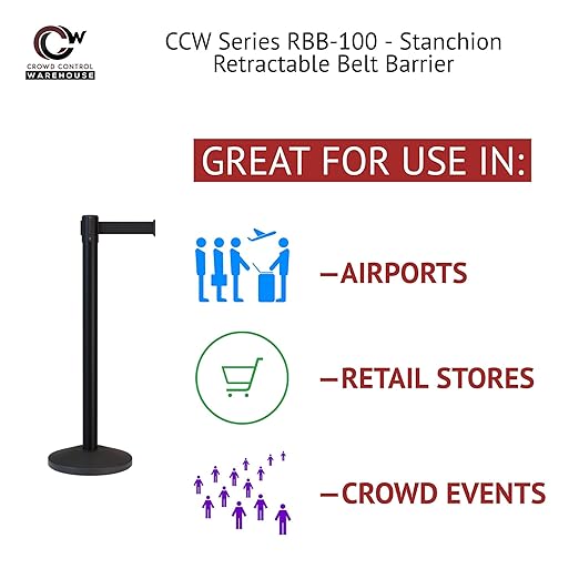 CCW Series RBB-100 - Set of 2 Stanchion Retractable Belt Barriers (11 Foot Belt, Yellow with"Danger - Keep Out" Black Letters Belt with Polished Brass Post)