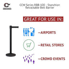 CCW Series RBB-100 - Set of 2 Stanchion Retractable Belt Barriers (11 Foot Belt, Yellow with"Out of Service" Black Letters Belt with Satin Stainless Steel Post)