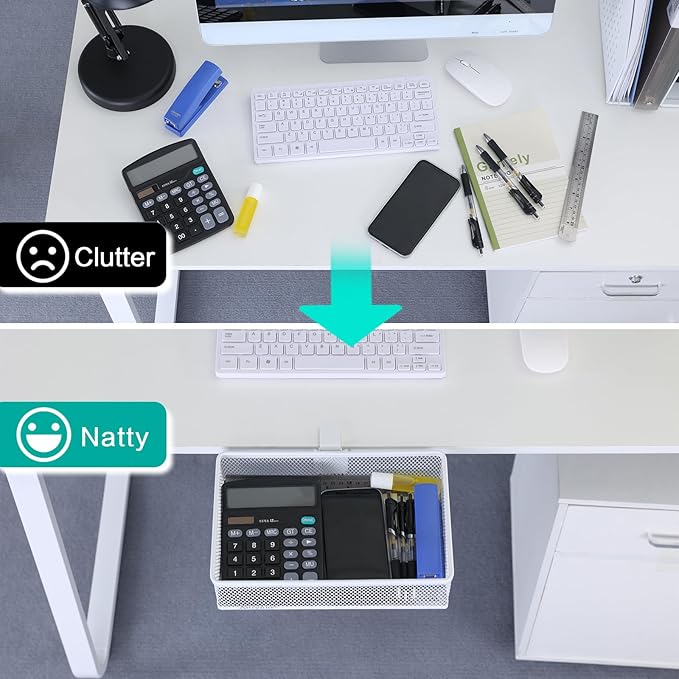 Under Desk Drawer Organizer - Clamp-On Above or Below Desk Mesh Drawer for Office Accessories, Storage Tray, and Desktop Organizer (White - Small)