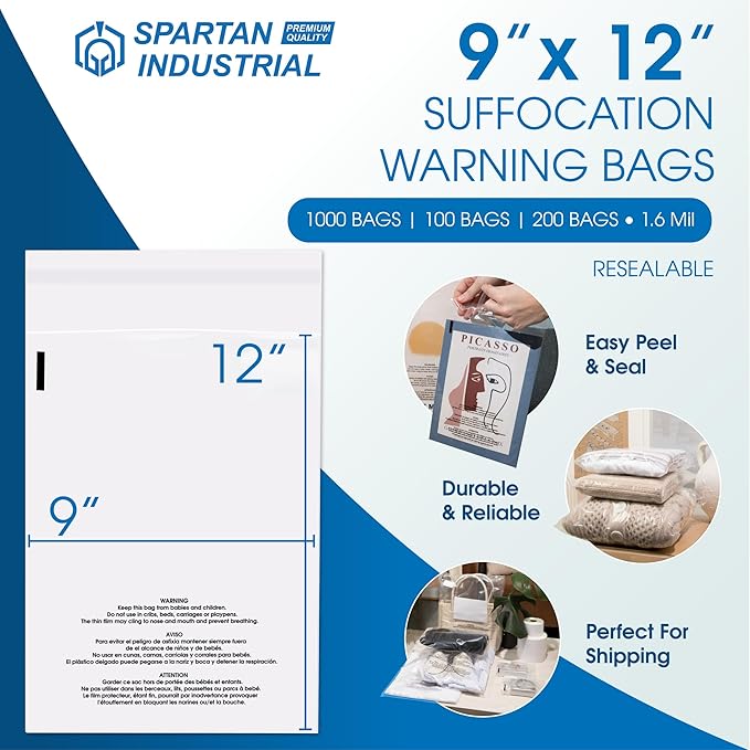 Spartan Industrial - 9” X 12” (200 Count) Self Seal Clear Poly Bags with Suffocation Warning for Packaging, T Shirts - Resealable Glue