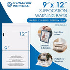 Spartan Industrial - 9” X 12” (200 Count) Self Seal Clear Poly Bags with Suffocation Warning for Packaging, T Shirts - Resealable Glue