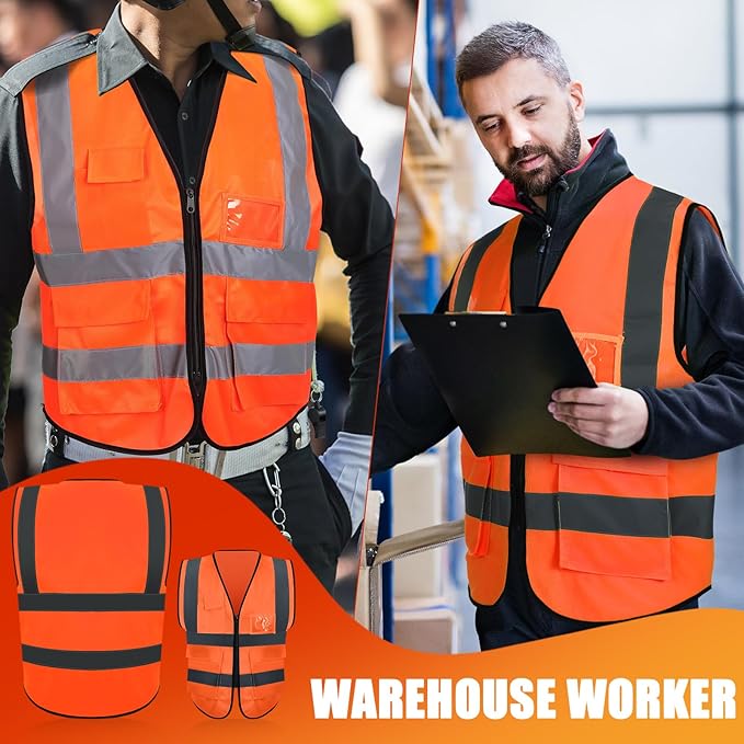 JaGely 15 Pack Reflective Safety Vests with Pockets and Zipper Construction Work High Visibility Vest for Men Women(X-Large,Orange Red)