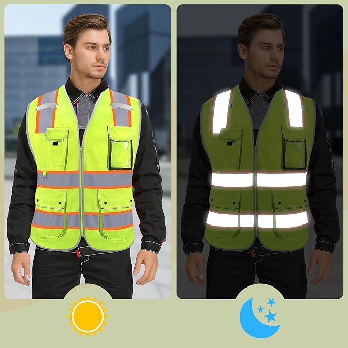 Reflective Safety Vest for Men Women, High Visibility Safety Vest with 8 Pockets Zipper Front, Meets ANSI Standards