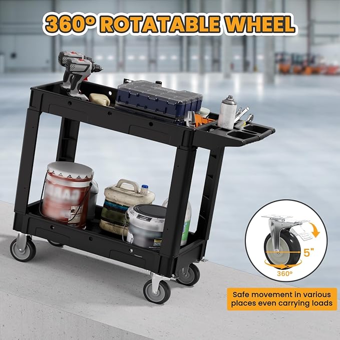 2-Tier Rolling Tool Cart,Heavy-Duty Plastic Service Cart with Lipped Shelves,550 lbs Capacity Utility Cart,40 x 17 Inch Rolling Work Carts for Garage,Salon,Kitchen,Office-Black