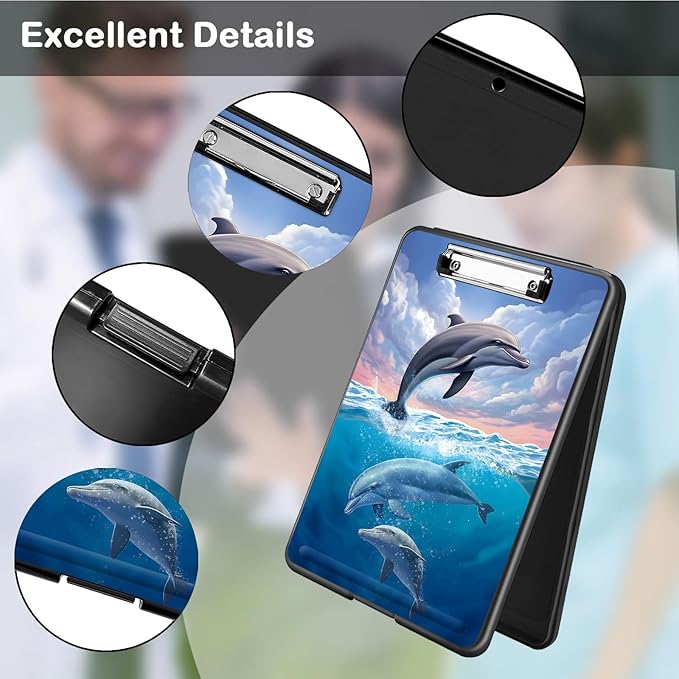 Clipboard with Storage,Office Supplies Nursing Clipboards Folder with Pen Holder Plastic Foldable Clip Board with Storage for Nurse Teacher,Cute Dolphin