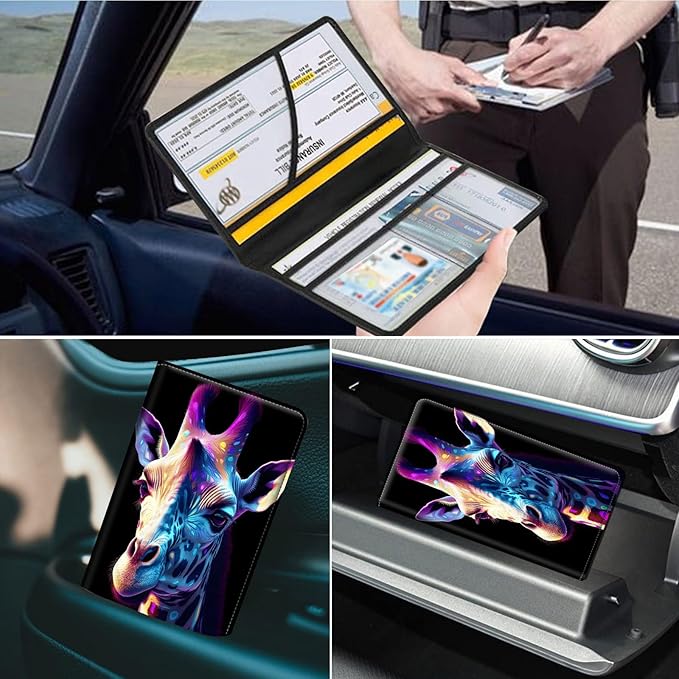 Car Registration and Insurance Holder, Leather Car Glove Box Organizer, Cool Car Accessories for ID, Driver's License Cards & Essential Document,business cards,Men&Women,Colorful Flower Giraffe