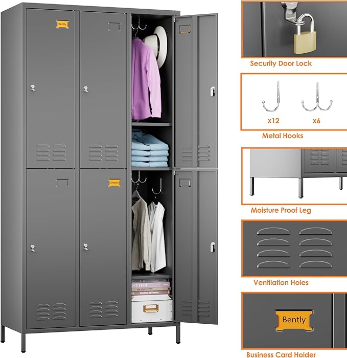 Employees Locker, 72" inch Tall Metal Storage Locker with 6 Doors for School Hospital Garage Gym Home Office with 12 Hooks, Requires Assembly (Dark Grey)