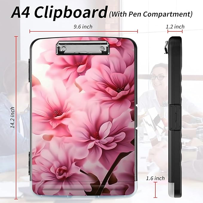 File Clipboard Storage with Pen Holder High Capacity Plastic Nursing Clipboards File Folder Storage Box Clipboard with Heavy Duty Clips for Teacher,Doctor,Offices-Pink Flowers