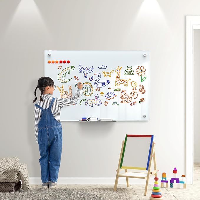 MaxGear Glass Whiteboard 36x24 Inches Wall Mounted, Magnetic White Board with 1 Eraser, 1 Accessory Tray, 4 Markers and 6 Magnets, Large Frameless Dry Erase Board for Office, School, Home