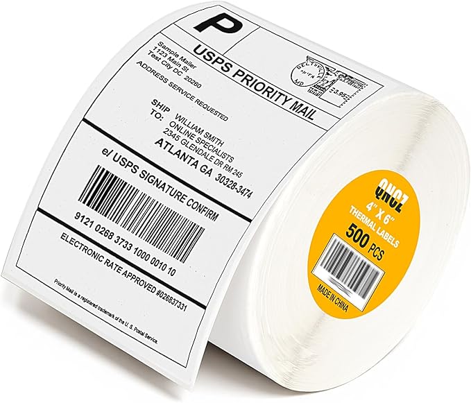 Qncz 500 Pcs 4x6 Thermal Labels - Perforated & Smudge-Proof & Strong Adhesive Thermal Printer Paper, Mailing Sticker Labels, Compatible with Rollo, Zebra, Jadens, Nelko