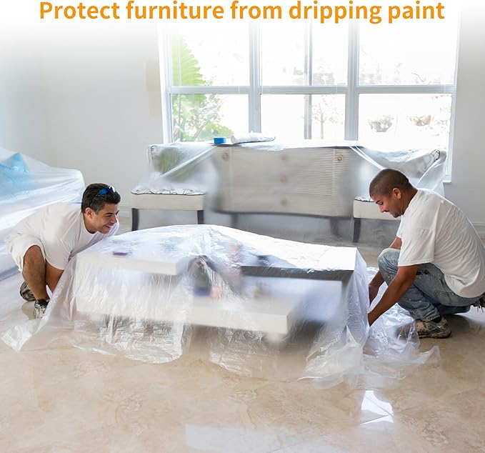 Pre-Taped Masking Film 2 Pack Each 10 x 65 feet Rolls, Tape and Drape, Painters Plastic Sheeting Drop Cloth for Automotive Painting Covering, House Decoration Furniture Floor Dustproof Cover