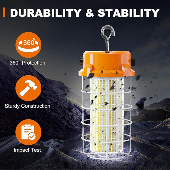 150W LED Temporary Work Light 22500lm 5000K Construction Lighting Temp Light High Bay Fixture, Hanging Temporary Work Lights with Stainless Steel Safety Guard Sturdy Hook for Mine Workshop Jobsite