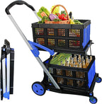 Collapsible Shopping Cart with 2 Storage Crates 2-Tier Portable Utility Cart with Swivel Wheels 200lb Capacity Heavy Duty Folding Shopping Trolley for Office Warehouse Catering (Blue)