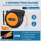 VEVOR Retractable Extension Cord Reel, 80 FT, Heavy Duty 12AWG/3C SJTOW Retractable Power Cord with Lighted Triple Tap Outlet, 15 Amp Circuit Breaker 180° Swivel Bracket for Ceiling or Wall Mount