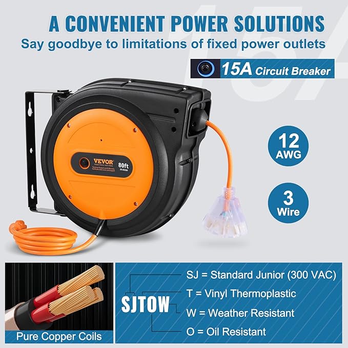 VEVOR Retractable Extension Cord Reel, 80 FT, Heavy Duty 12AWG/3C SJTOW Retractable Power Cord with Lighted Triple Tap Outlet, 15 Amp Circuit Breaker 180° Swivel Bracket for Ceiling or Wall Mount