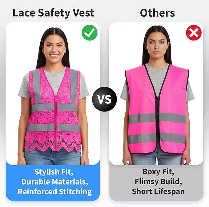 Lace-Mesh Safety Vest for Women & Men - Breathable, High Visibility Vest with Zipper & ANSI Class 2 Reflective Strips