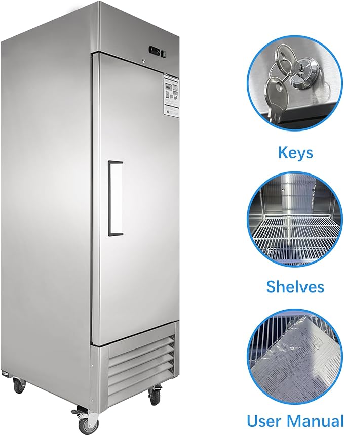 JINSONG 27" Commercial Refrigerator with Single Solid Door, 23 cu.ft Stainless Steel Reach-in Refrigerator for Restaurant, Bar, Shop, Residential