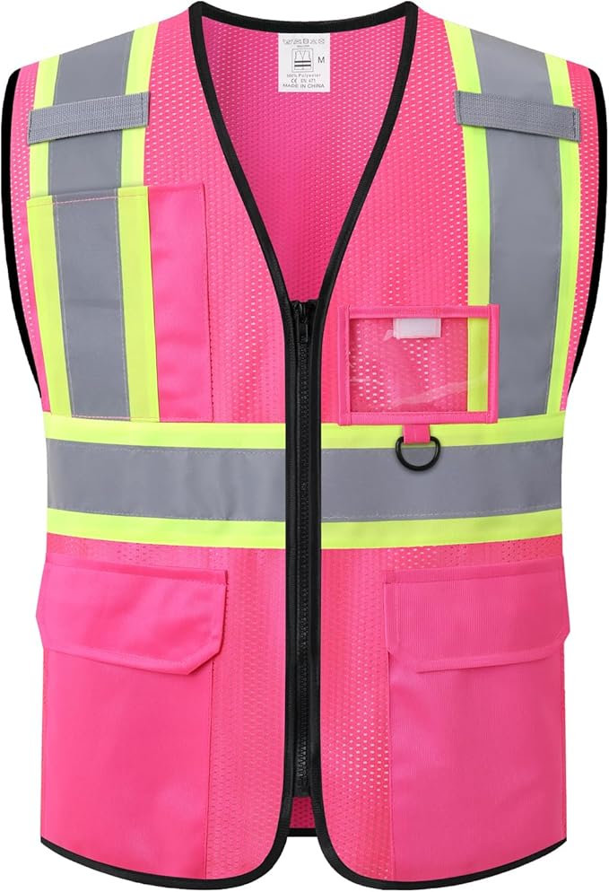 Safety Vest for Men Women Reflective with Multiple Pockets Mesh High Visibility Construction Work Vest,Meets ANSI/ISEA Standards(EK1-178-Pink-XL)
