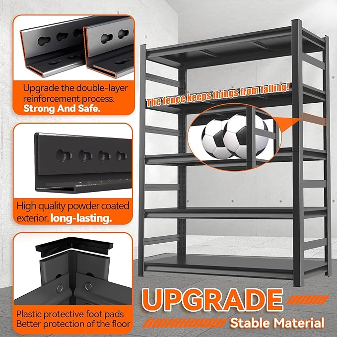 Adjustable 5-Tier Garage Shelving, Heavy Duty Steel Storage Shelves, High Load Capacity Shelf, Ideal for Garage, Warehouse, or Home Organization (with Fences, 36" W*16" D*72" H)