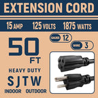 50 FT 12 Gauge Extension Cord Outdoor, Heavy Duty Weatherproof & Flame Retardant Black 3 Prong Power Cord, Outside for Garden & Lawn, 15 Amps 1875 Watts 125 VAC 12AWG SJTW, UL Listed