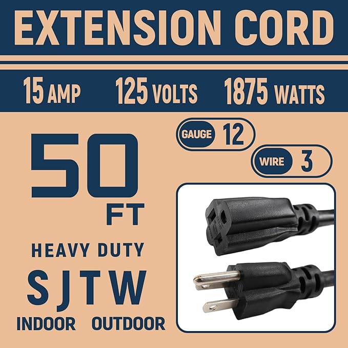 50 FT 12 Gauge Extension Cord Outdoor, Heavy Duty Weatherproof & Flame Retardant Black 3 Prong Power Cord, Outside for Garden & Lawn, 15 Amps 1875 Watts 125 VAC 12AWG SJTW, UL Listed