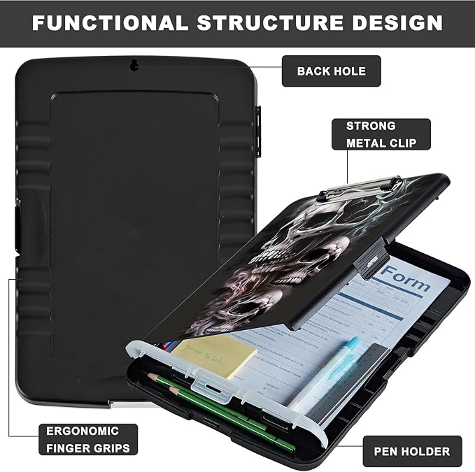 Clipboard with Storage,Heavy Duty Plastic Storage Clipboard with Low Profile Clip,Teacher Must Haves,Office Supplies,Skull/Black