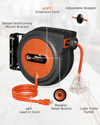 40 FT Retractable Extension Cord Reel, Heavy Duty Power Cord, 12AWG/3C SJTOW, 3 Grounded Outlets Lighted Triple Tap, 15 Amp Circuit Breaker, Wall/Ceiling Mounted, ETL Listed, Orange G40ACR06