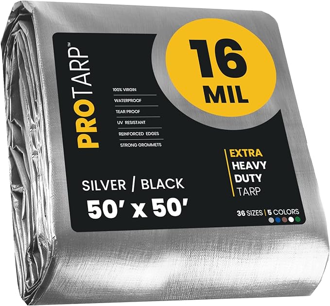 PROTARP Extra Heavy Duty 16 Mil Tarp Cover, Waterproof, UV Resistant, Rip and Tear Proof, Poly Tarpaulin with Reinforced Edges for Roof, Camping, Patio, Pool, Boat. (Silver/Black 50′ X 50′)