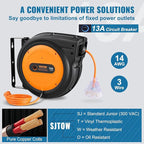 VEVOR Retractable Extension Cord Reel, 75 FT, Heavy Duty 14AWG/3C SJTOW Retractable Power Cord with Lighted Triple Tap Outlet, 13 Amp Circuit Breaker 180° Swivel Bracket for Ceiling or Wall Mount