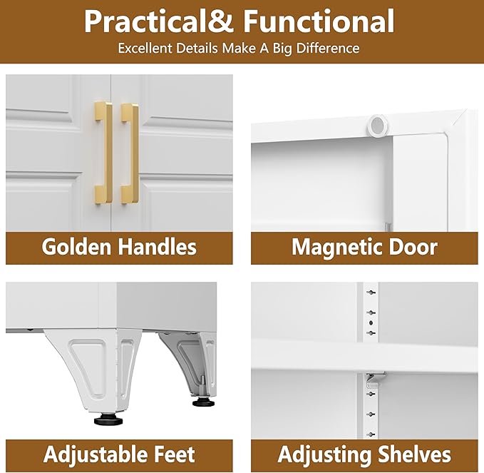 Kitchen Pantry Cabinet, 75" H Metal Storage Cabinet with Doors and Shelves, 4 Standing Feet, Cupboard for Kitchen, Dining, Living Room, 16" D x 32" W x 75" H, White, Assembly Required
