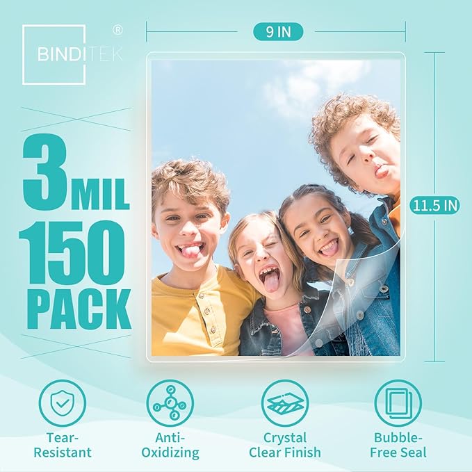 Binditek 150 Pack 3 Mil Thermal Laminating Pouches, 9x11.5 Inches Laminating Sheets, for Letter Size, Ultra Clear, Glossy, Hold 8.5x11 Inches, Heat Seal, Office School Supplies