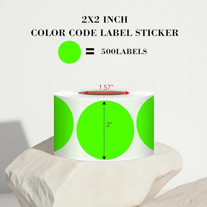 2 Inch Fluorescent Green Circle Stickers 500 Pcs,Permanent Color Coding Dots for Office,Home Organization, File Classification,Multipurpose Labels