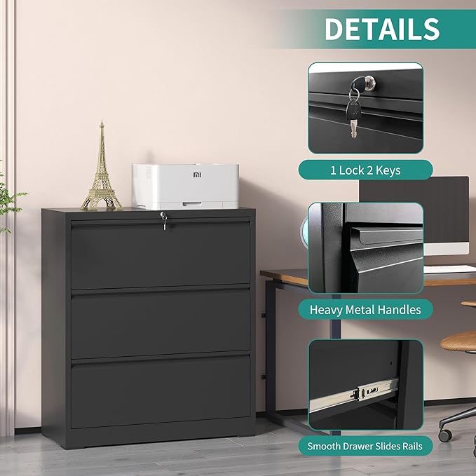 3 Drawer Lateral File Cabinet with Lock, Metal Filing Cabinets for Home Office, Steel Storage Wide File Cabinet for Letter/Legal/F4/A4 Size with Hanging Bars, Assembly Required (Black)