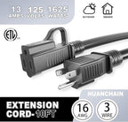 HUANCHAIN Indoor Outdoor Black Extension Cord 10 ft Waterproof, 16/3 Gauge Flexible Cold-Resistant Appliance Extension Cord Outside, 13A 1625W 16AWG SJTW, 3 Prong Electric Cable, ETL