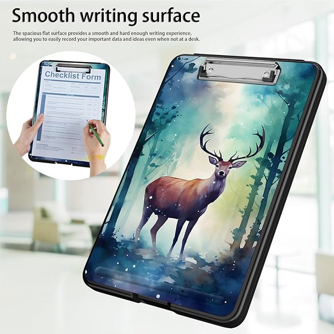 Clipboard with Storage,Office Supplies Nursing Clipboards Folder with Pen Holder Plastic Foldable Clip Board with Storage for Nurse Teacher,Watercolor Forest Deer