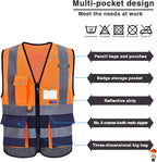 A-SAFETY High visibility vest,Reflective Safety Vest Workwear 7 Pockets Hi Vis Durable Vest with Reflective Tapes 4 Lower Pockets,Orange&Navy XXXL
