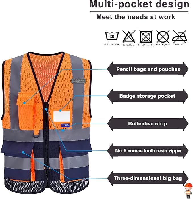 A-SAFETY High visibility vest,Reflective Safety Vest Workwear 7 Pockets Hi Vis Durable Vest with Reflective Tapes 4 Lower Pockets,Orange&Navy XXXL