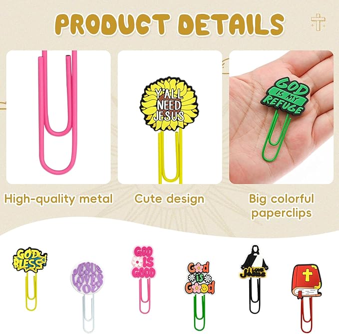 30 PCS Jesus Paper Clips Metal Paperclip Large Size Paper Clip Cute Bookmark Colorful Office Supplies Bookmark Clamp Desk Accessories Stationery for School Gifts for Christian
