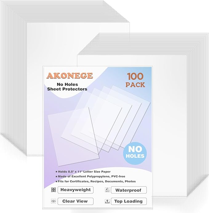 AKONEGE 100 Pack No Holes Sheet Protectors 8.5 x 11 Inch Letter Size Page Protectors for Documents, Prints, Top Loading Heavyweight Clear View Plastic Sleeves for Papers, Artworks, Photos